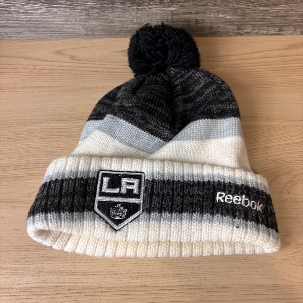 Los Angeles Kings Hat Beanie Mens Black Gray NHL Hockey Pom Center Ice Reebok